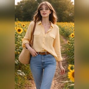 RFT Rainforest Women Linen Butter Yellow Resortwear Summer Button-Up Tunic Top L